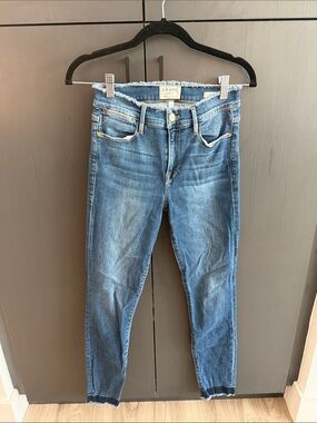 Frame Denim Medium Blue Skinny Jeans with Frayed Waist
